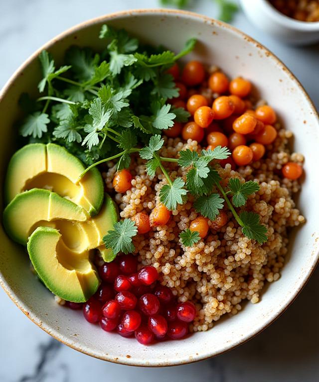 Artistically arranged healthy Mediterranean harvest bowl with fresh ingredients